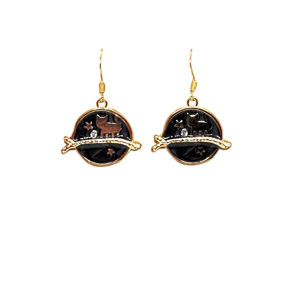 Cat on Branch Charm on 10kt Gold Plated Hook Earrings #2136